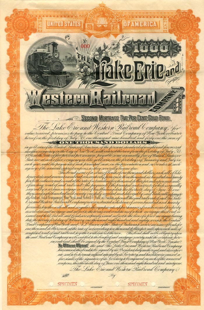 Lake Erie and Western Railroad Co. - 1891 dated Specimen Railway Bond